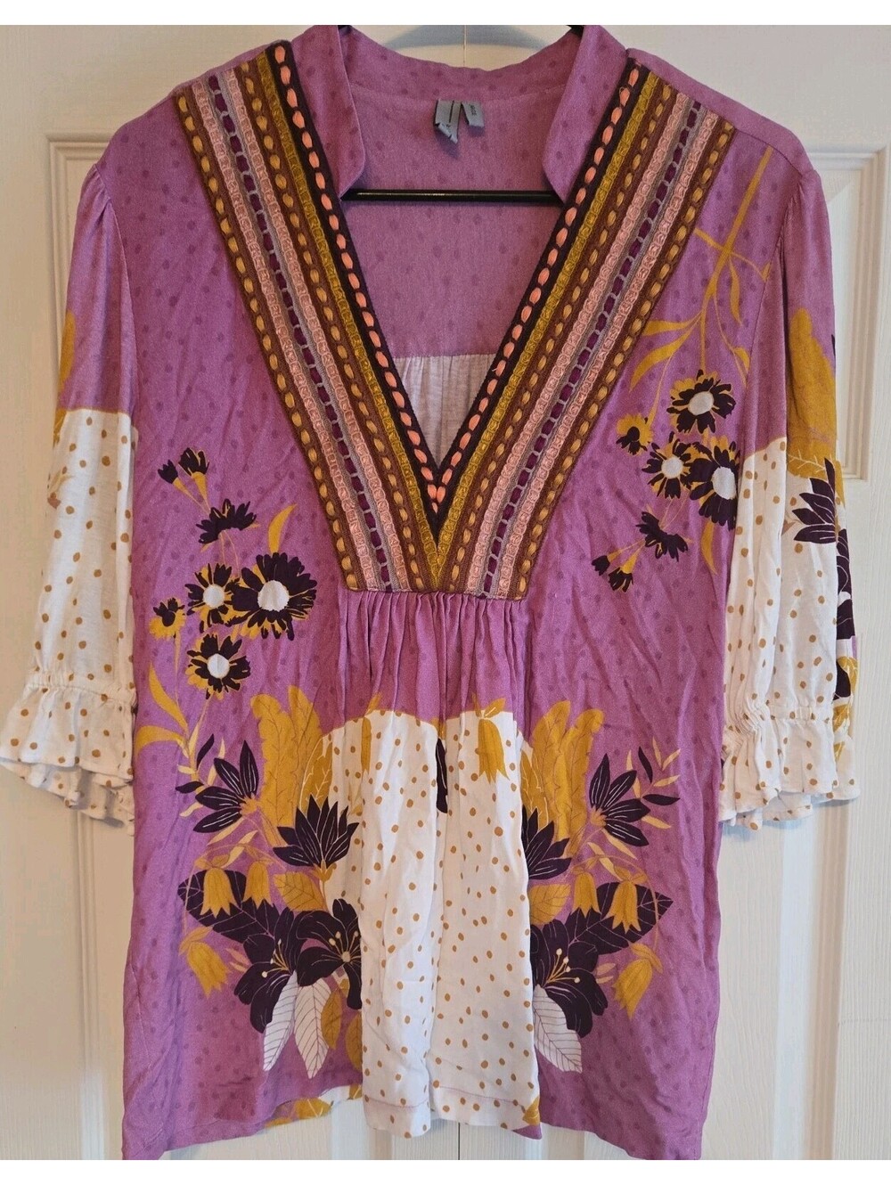 Blink London Anthropologie Peasant Boho Blouse Embroidered Flare Sleeve Floral